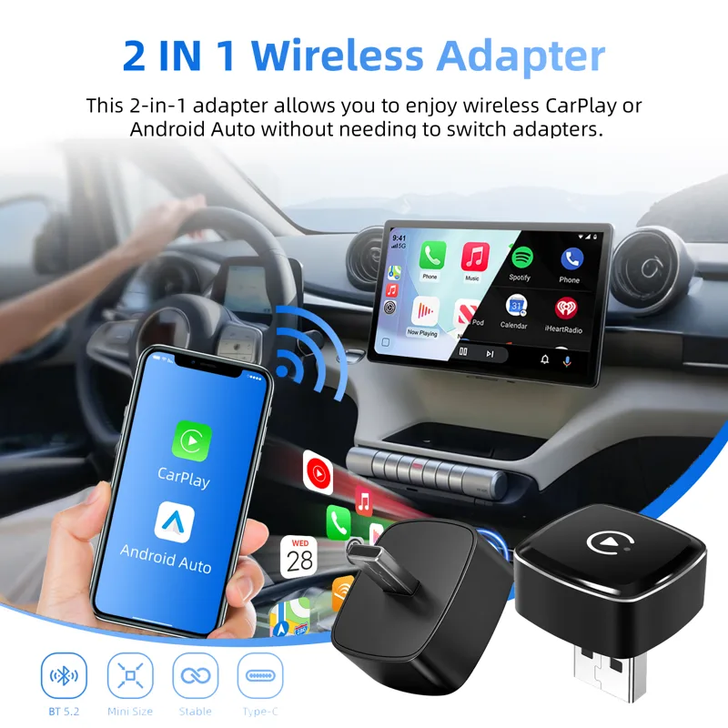 Car Accessories Usa - Adaptateur sans fil 2-en-1 CarPlay et